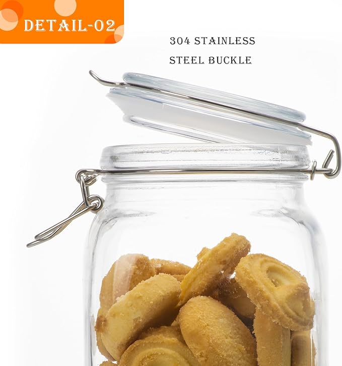 50oz Square Glass Food Storage Jars with Airtight Clamp Lids, 3 Pack Large Kitchen Canisters for Flour, Cereal, Coffee, Pasta and Canning, Mason Jar (Clear 50oz Square - 3 sets)