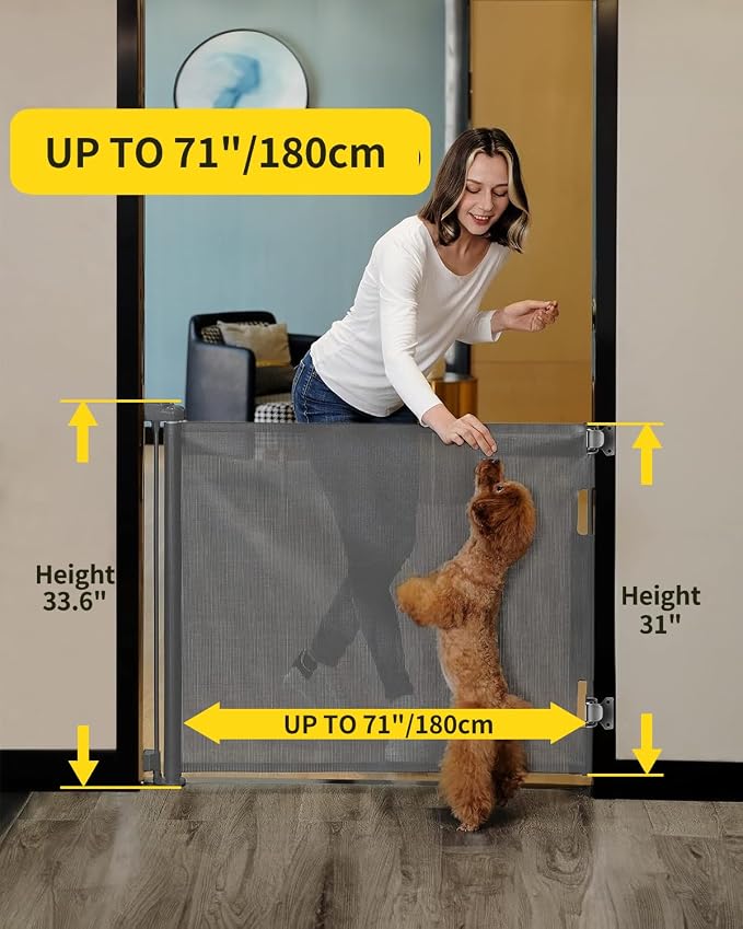 Retractable Baby Gate,Mesh Baby Gate or Mesh Dog Gate,33" Tall,Extends up to 71" Wide,Child Safety Gate for Doorways,Stairs,Hallways,Indoor/Outdoor(Grey,33"x71")