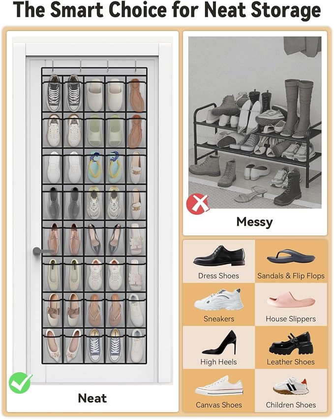 dodowin Over the Door Shoe Organizers, 2 Pack (24 & 40 Pockets) - Hanging Shoe Rack with 4 Metal Hooks, Space Saving Foldable Storage for Closet Door, Gray