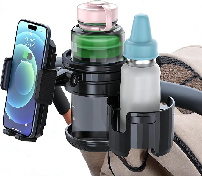 3-in-1 Stroller Cup Phone Holder Attachment, Universal Cup Holder with Adjustable Phone Mount, Double Cup Holder for Walker, Wheelchair, Fits Most Donna, Uppababy, Bugaboo, Anti-Slip & Easy Install