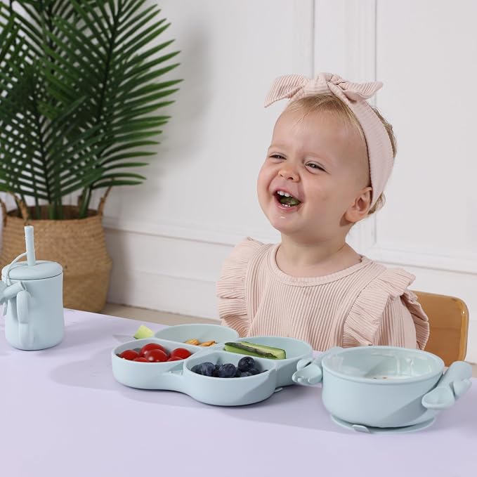 Dommy Silicone Strong Suction Baby Bowl with Spoon & Fork, Silicone Tableware for 6M+ Babies, Suction Bowl with Lid, Ideal Baby Gift Set for Solid Food Adding,Chalk Blue