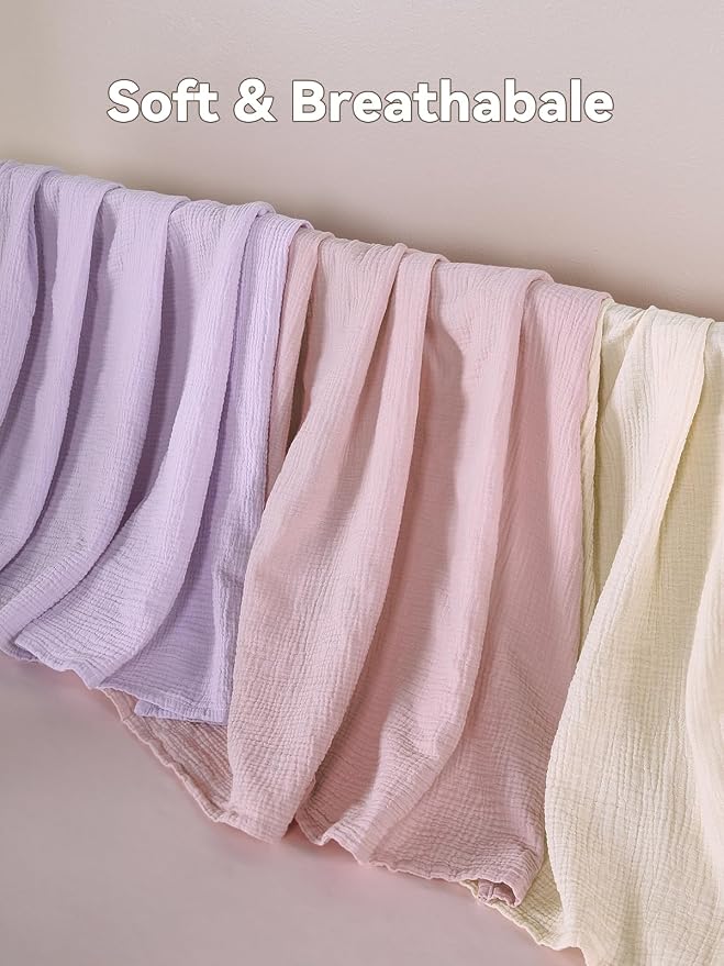 TILLYOU 3 Pack Muslin Swaddles for Newborns, Breathable and Soft Baby Blankets for Girls Boys, Cotton Blanket Baby Wrap Swaddle 47"X47", Pink Purple