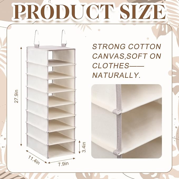 Tudomro 8 Tier Closet Organizer Hanging Canvas Clothes Storage Shelves with Metal Hooks for Rod Wire Foldable Breathable Beige 28" L x 8" D x 11.5" H Closets for Sweaters and Clothing
