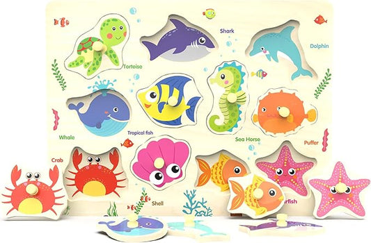 Wooden Peg Puzzle, Sea Creature Chunky Baby Puzzles, Colorful Wood Shape Puzzle Peg Board, Animal Knob Puzzles for Educational Toddlers 18 Months and Up, 11 Pieces