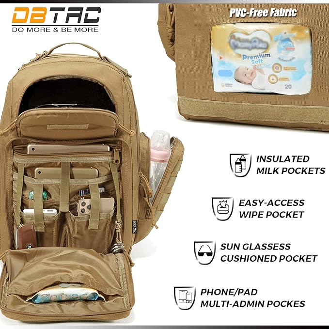 Diaper Bag Backpack for Dad, DBTAC Large Baby Nappy Bag for Men w/Changing Mat, Insulated+Wipe Pockets, Stroller Straps, Brown