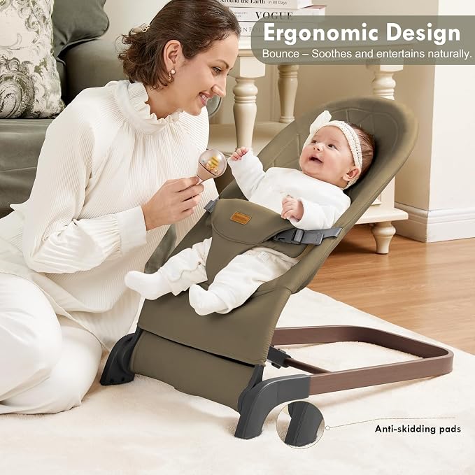 Foldable Baby Bouncer, Baby Seat with 3 Adjustable Heights, Portable Newborn Rocker, Ergonomic Bouncy Seat for Natural Bounce, Bouncer for Babies 0-6 Months, Soft Cotton (Green)