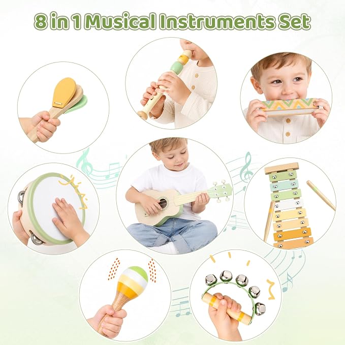 Kids Guitar Set - 8 in 1 Toddler Musical Instruments, Montessori Wooden Baby Ukulele Xylophone Tambourine Maracas Flute, Toy Guitar for Toddler 1-3, Mini Guitar Set Birthday Gift Boys Girls (Neutral)