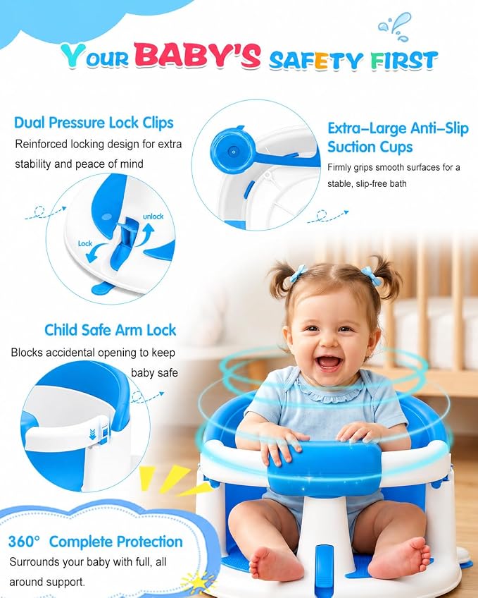 Baby Bath Seat for Babies 6 Months & up with Suction Cups, Non-Slip Infant Bath Chair, Ergonomic Baby Bathtub Seats for Babies Sitting Up, BPA-Free Toddler Bath Seat, Easy-Release Pull Tab, Blue