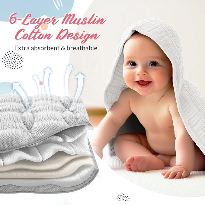 Hahafelt 6 Pcs Muslin Hooded Bath Towels Washcloths and Bibs Set, Muslin Cotton Baby Towels Absorbent Hooded Blanket Towel Infant Bibs for Boys Girls Newborn Infant Essentials(Pink, Light Pink)