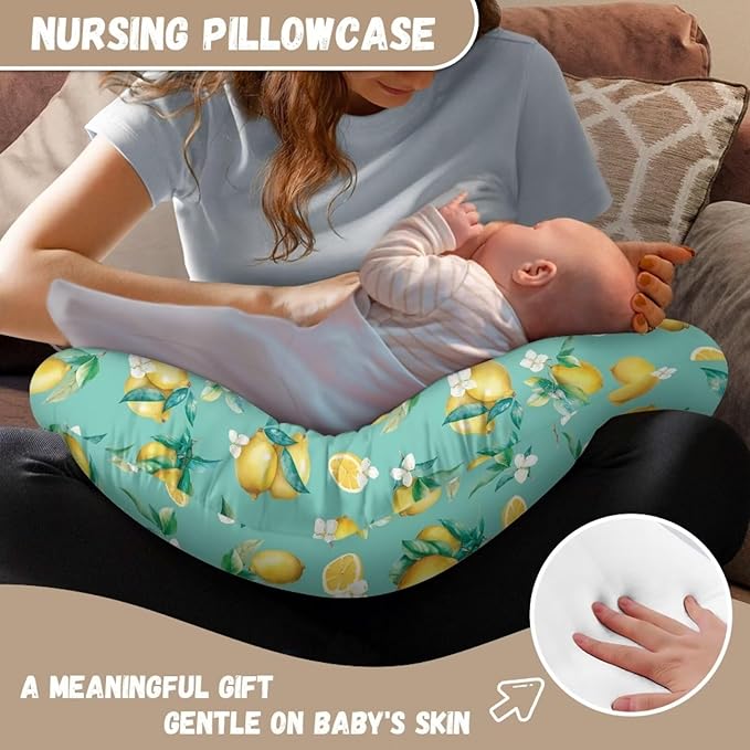 Lemon and Flower Pattern Nursing Pillow Cover for Baby Boy Girl Slipcover for Breastfeeding Pillows, Soft and Stretchy Safely Breastfeeding Pillow Cover Breathable and Washable