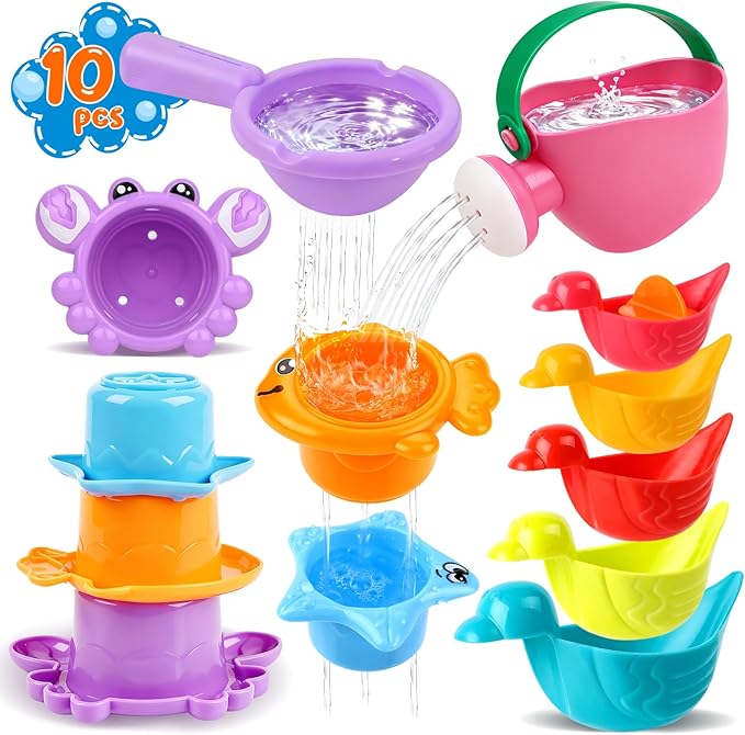 10 Pcs Bath Toys for Kids Ages 1-3, Bathtub & Pool Water Toys for Toddlers 1-3 & Babies 12-18 Months, Water Table Accessories with Floating Ducks, Stacking Cups & Pouring Fun for Boys Girls
