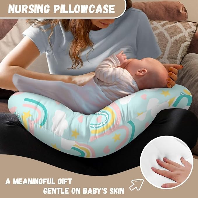 Rainbow Cloud Green Nursing Pillow Cover, Washable & Breathable Nursing Pillow Case for Newborn Breastfeeding Pillow Slipcover for Baby Boys & Girls