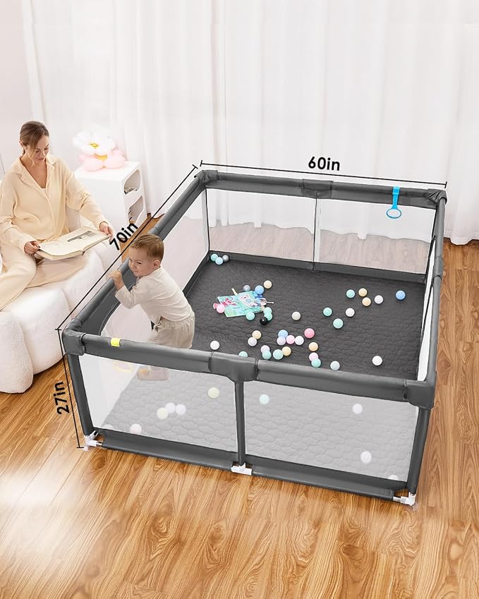 dearlomum Baby Playpen with Non Removable Mat, Extra Large Play Yard for Babies & Toddlers, Portable Travel Playpen, Baby Activity Center for Indoor & Outdoor Use (Gray 59"×71")