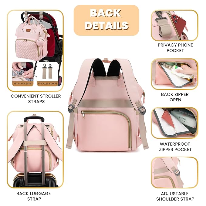 ROSEGIN Pink Diaper Bag Backpack for Baby Girls - Baby Shower Gifts for Mom, Quilted Diaper Bag with Changing Pad, Pacifier Case, Insulated Pockets, Stroller Straps, 35L Large Capacity - Cute