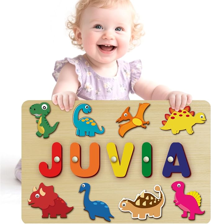 Custom Name Puzzles for Toddlers 1-3 - Name Puzzle for Kids, Personalized Wooden Animal Puzzle, Baby Gifts, Baby Shower, Christmas, Newbaby Gift, Gifts for 1 2 3 Years Old (Dinosaur-01)