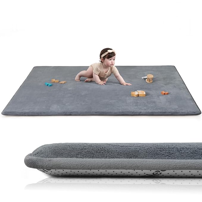 Huloo Sleep Baby Play Mat for Floor,1.3" Thick Elasti-Foam Large 59"×71" Playpen Mat,Non-Toxic Certified Water-Repellent Coral Velvet, Non-Slip Safe Crawling Mat for Tummy Time, Toddler & Infant (Dark Grey)