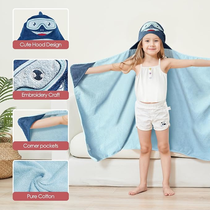 Style Quarters Bath Towel,Kids Hooded Bath Towel Blue Cotton 50x24 Inch - Baby Beach Pool Swim Towel with Hood for Boys and Girls, Absorbent Bath Wrap for Toddler