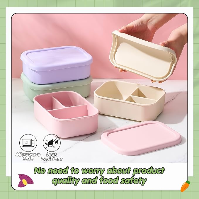 Layhit 4 Pcs Silicone Bento Box for Adults, 27 oz Bento Lunch Container Reusable Food Container for Women Men, Leak Proof Microwave Dishwasher Freezer Safe (3 Compartments,Desaturated Colors)