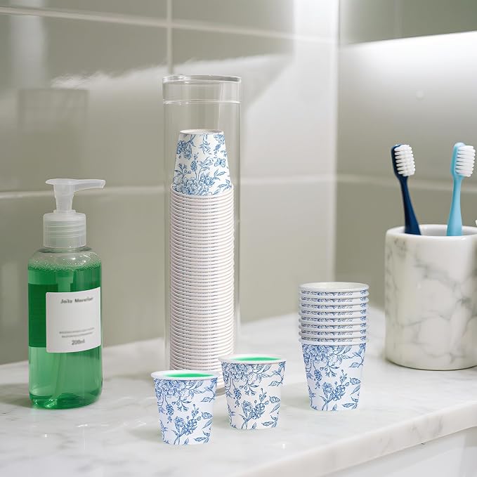 WRAPAHOLIC 3oz Paper Cups - 100 Pack Disposable Bathroom Cups with Toile Blue Floral Design, Small Mouthwash Cup for Toothbrush Rinse, Home Bathroom, Picnic, BBQ, Travel and Party