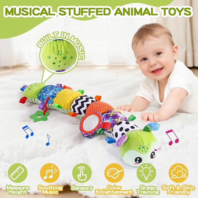 Baby Toys 0-6 Months, Musical Toys for Green Caterpillar, Infant Stuffed Animal Soft Sensory Toys with Crinkle、 Rattles and Textures, Tummy Time Toys for Newborn Boys Girls 0 3 6 12 Months