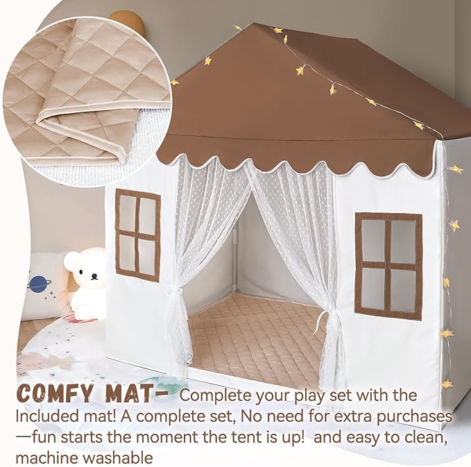 Kids Play Tent with Mat, Large Playhouse Play Tent Indoor for Girls Boys, Kids Tent Toys for Toddlers Children Play House Toy Birthday Gift (Brown)