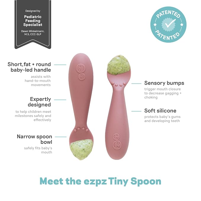 ezpz Tiny Cup (Pewter) + Tiny Spoon (2 Pack in Blush) - baby essentials, cup and spoon
