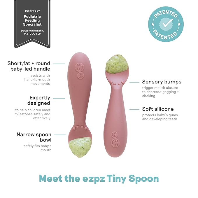ezpz Tiny Cup (Blue) + Tiny Spoon (2 Pack in Blush) - baby essentials, cup and spoon
