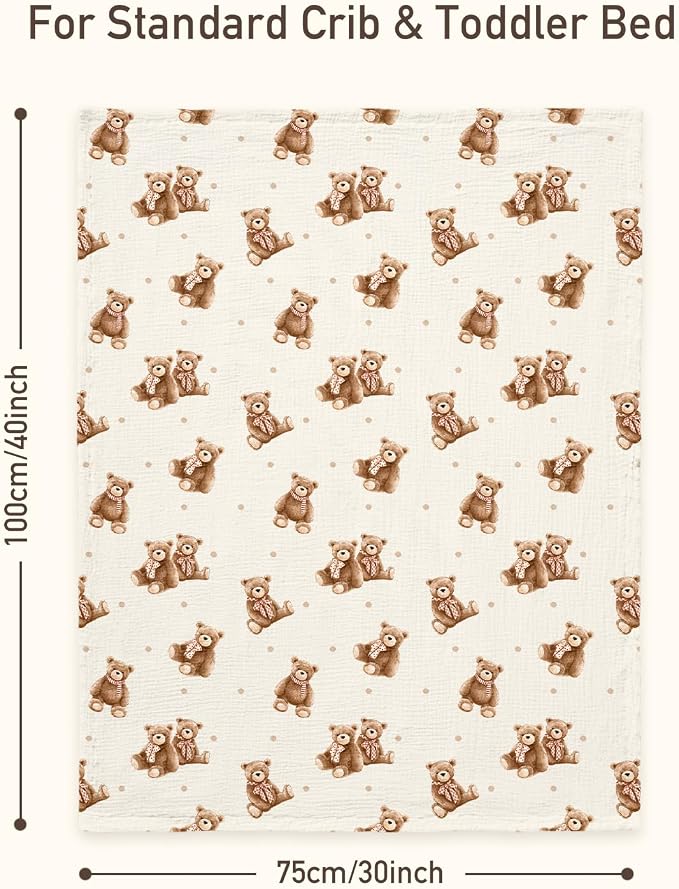 GLLQUEN BABY Blankets for Boys Girls, Soft Muslin Cotton Front Dotted Fleece Backing, Nursery Minky Crib Blanket for Infant Toddler, 30 x 40 inches Throw Blanket, Bears