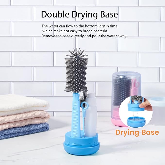 Travel Bottle Cleaner Kit, Silicone Baby Bottle Brush Set with Bottle Brush, Drying Rack, Nipple Brush,Straw Brush,Soap Dispenser, Portable Baby Bottle Brush Cleaner for Home and Travel,Blue