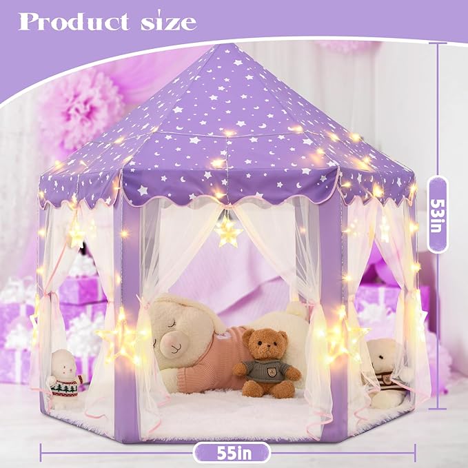 Purple Princess Tent for Girls, Kids Play Tent with LED Large Star Lights, Castle Playhouse Tent for Children Toddlers Indoor Outdoor Games, 55×53 Inches