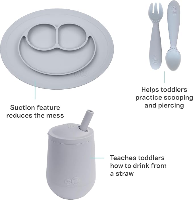 ezpz Kit 3: Practice Feeding Skills (Pewter) - Tools to Help Your Toddler Practice Scooping, Piercing, Straw Drinking, and Self-Feeding - Toddler Essentials & Gifts