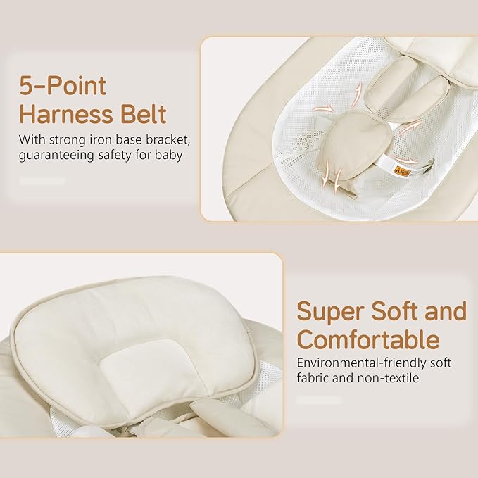 Baby Swing for Infants, Portable Electric Baby Swings with Bluetooth, 5 Swing Speed, 10 Melodies, 5-Point Harness, Remote Control & Touch Panel - Infant Swing for Indoor & Outdoor Use, Beige