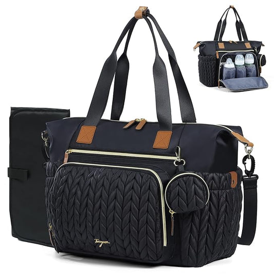 Diaper Bag Tote, Large Diaper Bags Waterproof, Hospital Bag for Labor Delivery, Baby Bag with Pacifier Case, Travel Diaper Tote with Changing Pad, Black