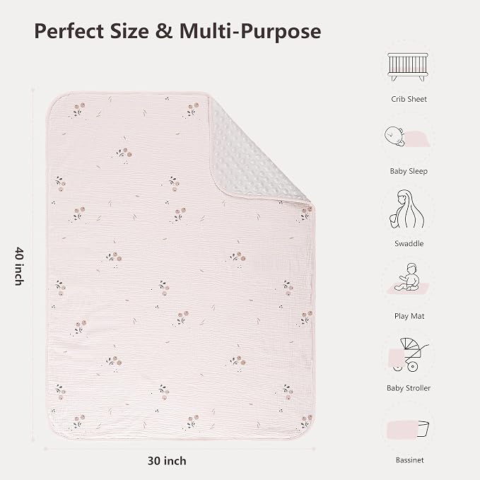 Susurration Baby Blanket for Unisex Boys Girls, Soft Nursery Minky Blanket with Muslin Cotton Front and Dotted Fleece Back, Receiving Blanket for Baby Newborn Infant, 30x40inch