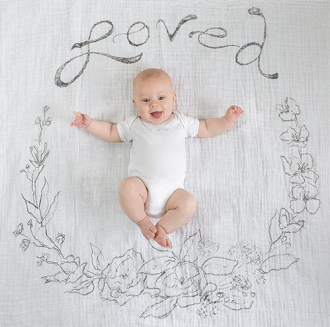 Amazing Baby Muslin Blankets, Set of 3, XLarge 46x46 inches, Soft Black Loved Wreath