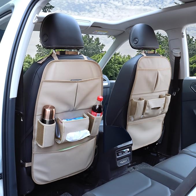 Car Backseat Organizer for Kids, Car Back Seat Storage Bag With 3 Pockets, 2 Drinks Holders, Water Resistant, Kids Toy Storage Kick Mat Back Seat Protector for Toddlers (Beige 1-Pack)