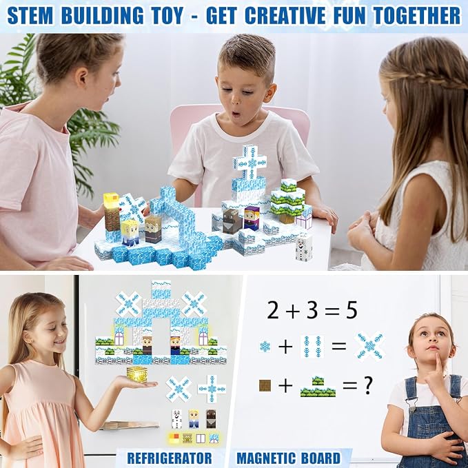 Daoyehsy 200PCS Magnetic Blocks Building Toys, 1" Light Up Building Blocks Magnet Cubes Tiles for Toddlers Boys Girls 3+, Build 3D Snow World, STEM Sensory Construction Toys