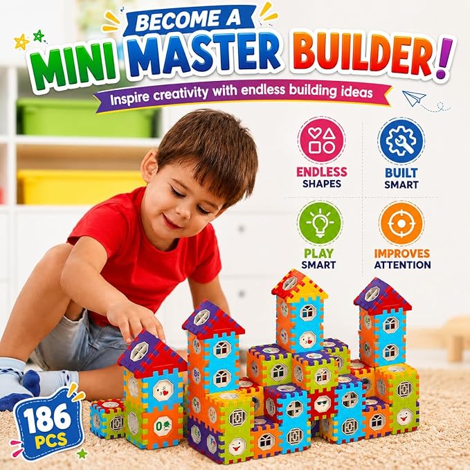 Building Blocks for Toddlers 3-5, 186 Pcs Toy Building Sets - STEM Building Toys, Interlocking Building Blocks for Toddlers and Kids with Storage Bag, for Boys and Girls