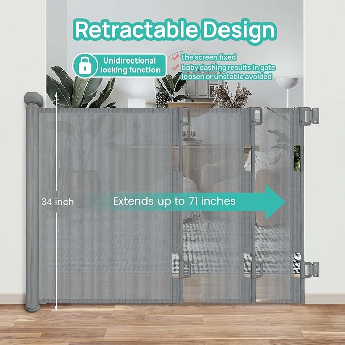 Retractable Baby Gate, Upgraded One-Way Lock Mesh Dog Gate Tall 34”, Extends up to 71” Extra Wide Pet Gate and Safety Child Gate for Stairs, Doorways, Hallways, Banisters, Indoors, Outdoors