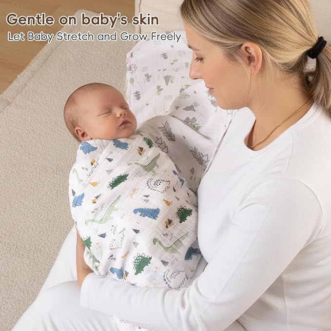 david's kids 3 Pack Baby Muslin Swaddle Blankets, 100% Cotton and Ultra Soft Breathable Receiving Blanket Wrap for Boys Girls, New Born Essentials, Large 47 x 47 inches, Dinosaur