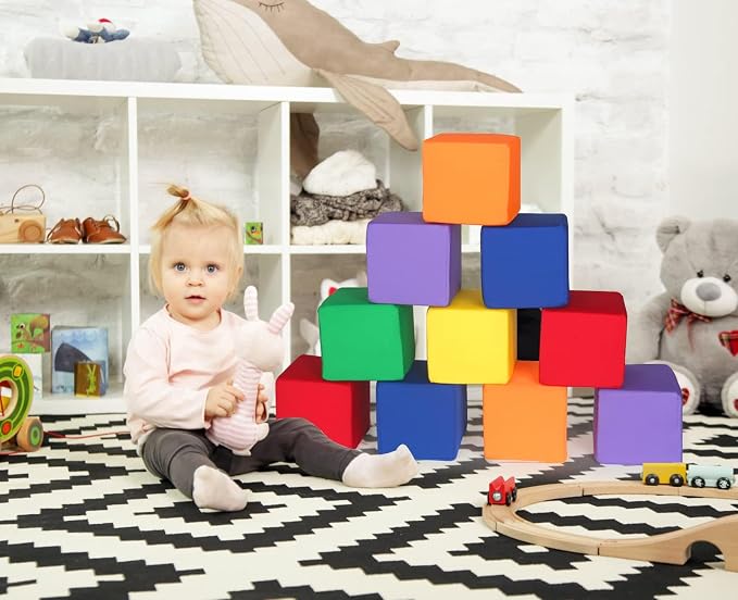 Foam Blocks for Toddlers 1-3, 12 PCS 5.5 inch Foam Soft Cubes for Kids, Colourful Building Blocks, Stacking Block Sets, Throwing Toys
