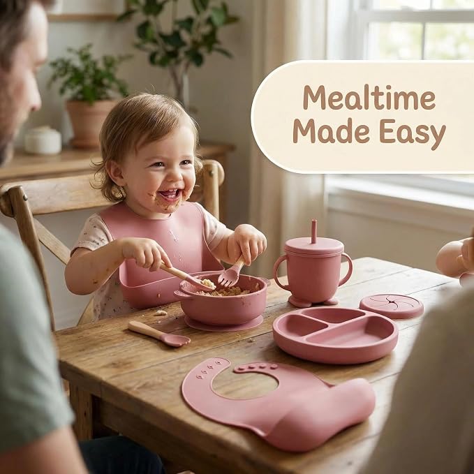 Silicone Baby Feeding Set with Suction Bowls, Divided Plate, Adjustable Bib, Wooden Handle Utensils, Training Cup, 9-Piece Weaning Essentials, Sage Green (Rosy)