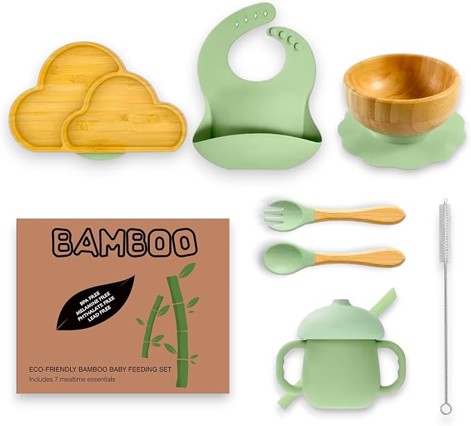 Bamboo Suction Plate and Bowl Set for Babies 7 Feeding Essentials Baby Led Weaning Supplies BPA Free Eco-Friendly (Green)