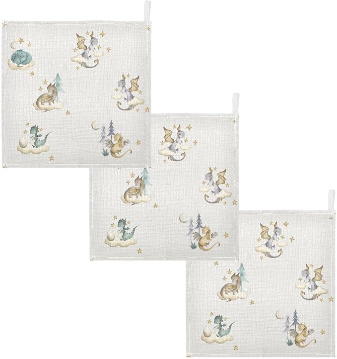 vvfelixl Baby Muslin Washcloths Dragon Baby Babys Burp Cloths Cotton Babys Face Towel for Newborn Infants Boys Girls Soft and Absorbent 11.8 X 11.8 in, 3 Pack