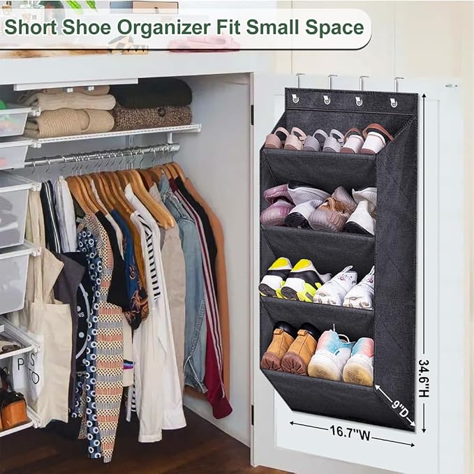 SLEEPING LAMB Over the Door Shoe Rack for Closet, Short Hanging Shoe Organizer with Large Deep Pockets, Narrow Door Sneaker Storage for Boots in RV, Dorm, Black
