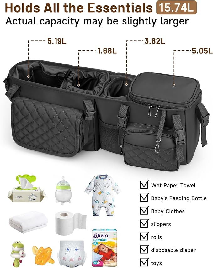 kcross Double Stroller Organizer Bag for Bob Duallie and Baby Jogger City Mini Gt2, Double Stroller Caddy Organizers with Cup Holder,Parent Console Stroller Accessories with Cooler Pockets