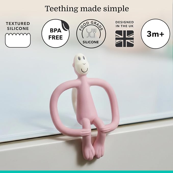 Matchstick Monkey Original Teether & Gel Applicator – Silicone Baby Teether, Easy-to-Grip, BPA-Free, Supports Self-Soothing & Early Brushing, 3 Months+, 4 Inches, Duty Pink