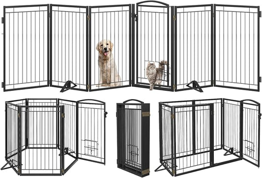 Metal Freestanding Dog Gate with Cat Door for Indoor&Outdoor,120" Extra Wide Foldable Pet Gate,36" Tall Foldable Indoor Dog Fence for Wide Openings Stairs,Deck,Yard,Doorways(6 Panels,Black)