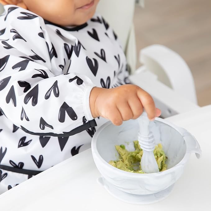 Bumkins Baby Bowl, Silicone Feeding Set with Suction for Baby and Toddler, Includes 4 Spoons and Lid, First Feeding Set, Training Essentials for Baby Led Weaning for Babies 4 Months Up, Marble