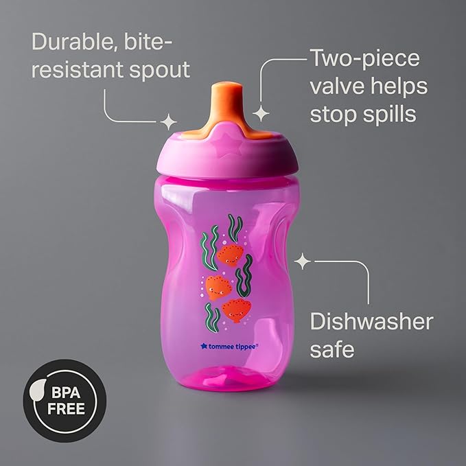 Tommee Tippee Sporty Bottle, 10oz Sippy Cups for Toddlers 1-3, Spill-Proof, Bite Resistant Spout, Easy to Hold Design, BPA Free, Pack of 3, Pink, Red and Orange